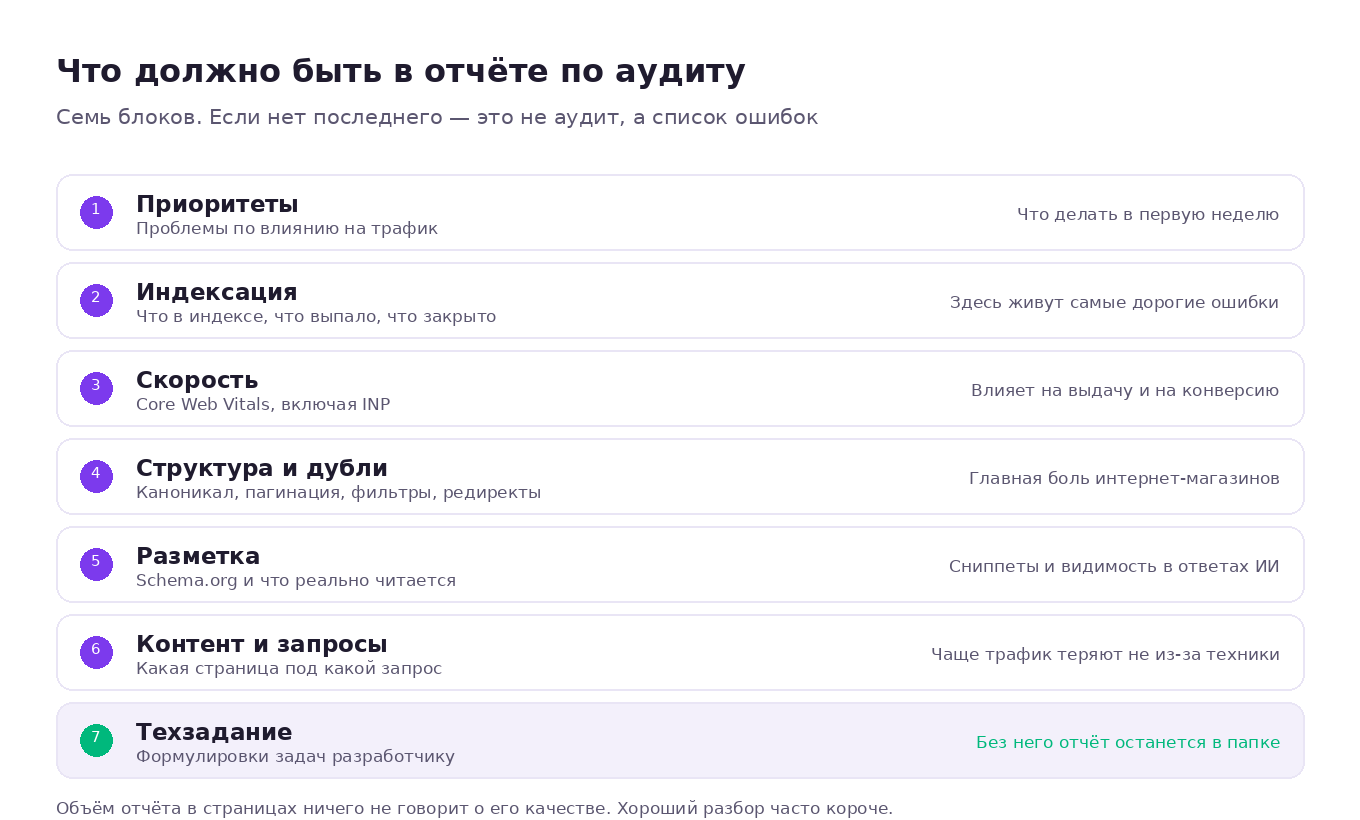 Структура нормального отчёта по аудиту сайта: приоритеты, индексация, скорость, структура и дубли, разметка, контент, техзадание разработчику