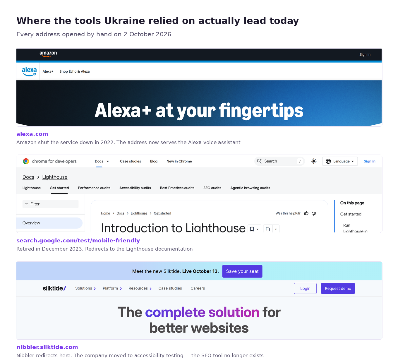 Screenshots of three addresses: alexa.com is now the Amazon voice assistant, Google's old mobile-friendly test leads to the Lighthouse documentation, the Nibbler address leads to silktide