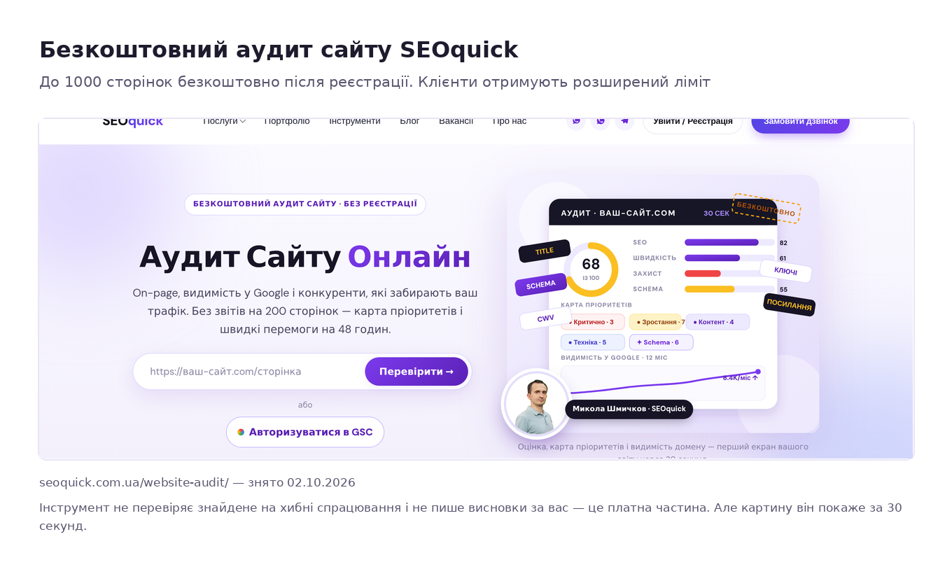 Перший екран безкоштовного аудиту сайту SEOquick: поле для адреси, авторизація через Google Search Console, карта пріоритетів