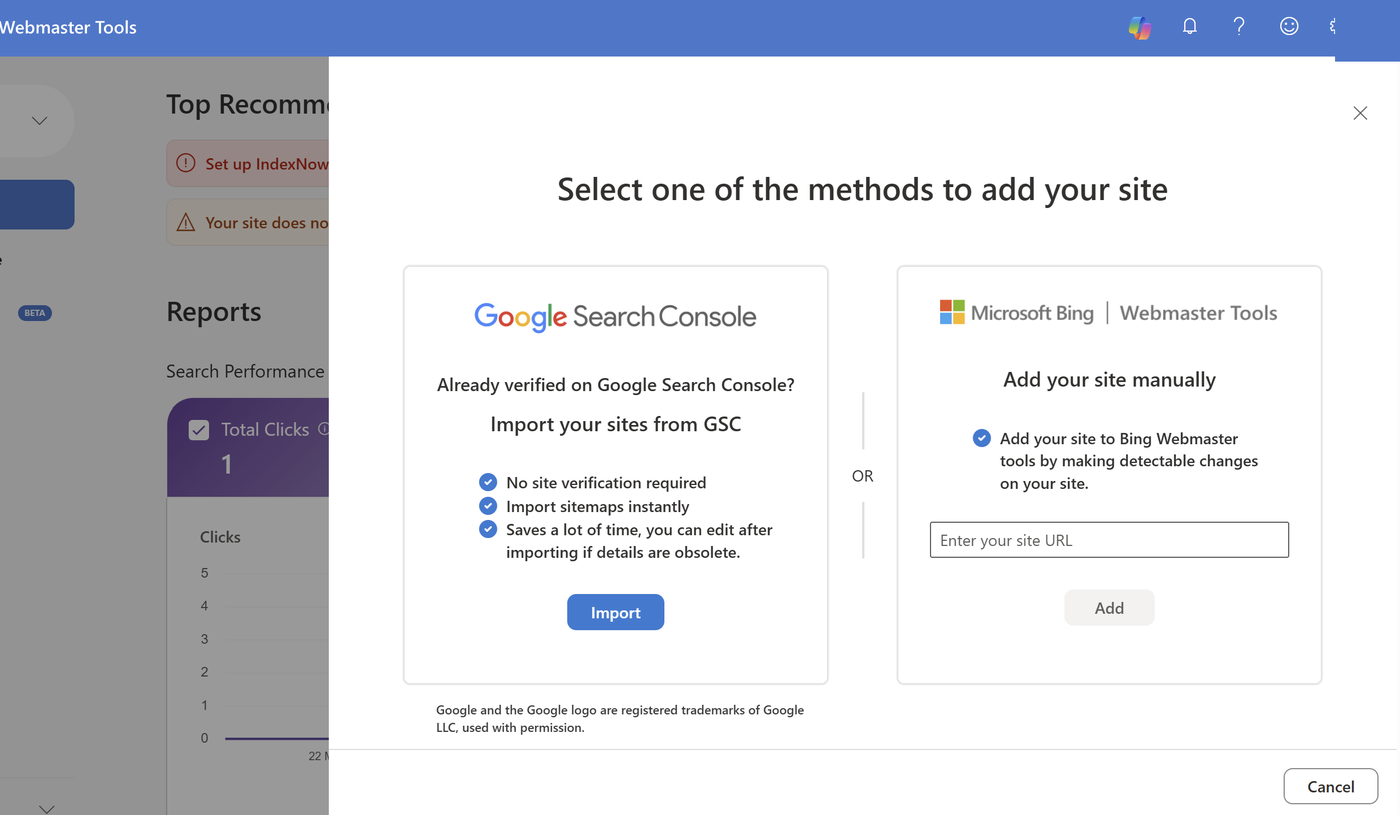 Экран добавления сайта в Bing Webmaster Tools: две плитки — импорт из Google Search Console и ручное добавление