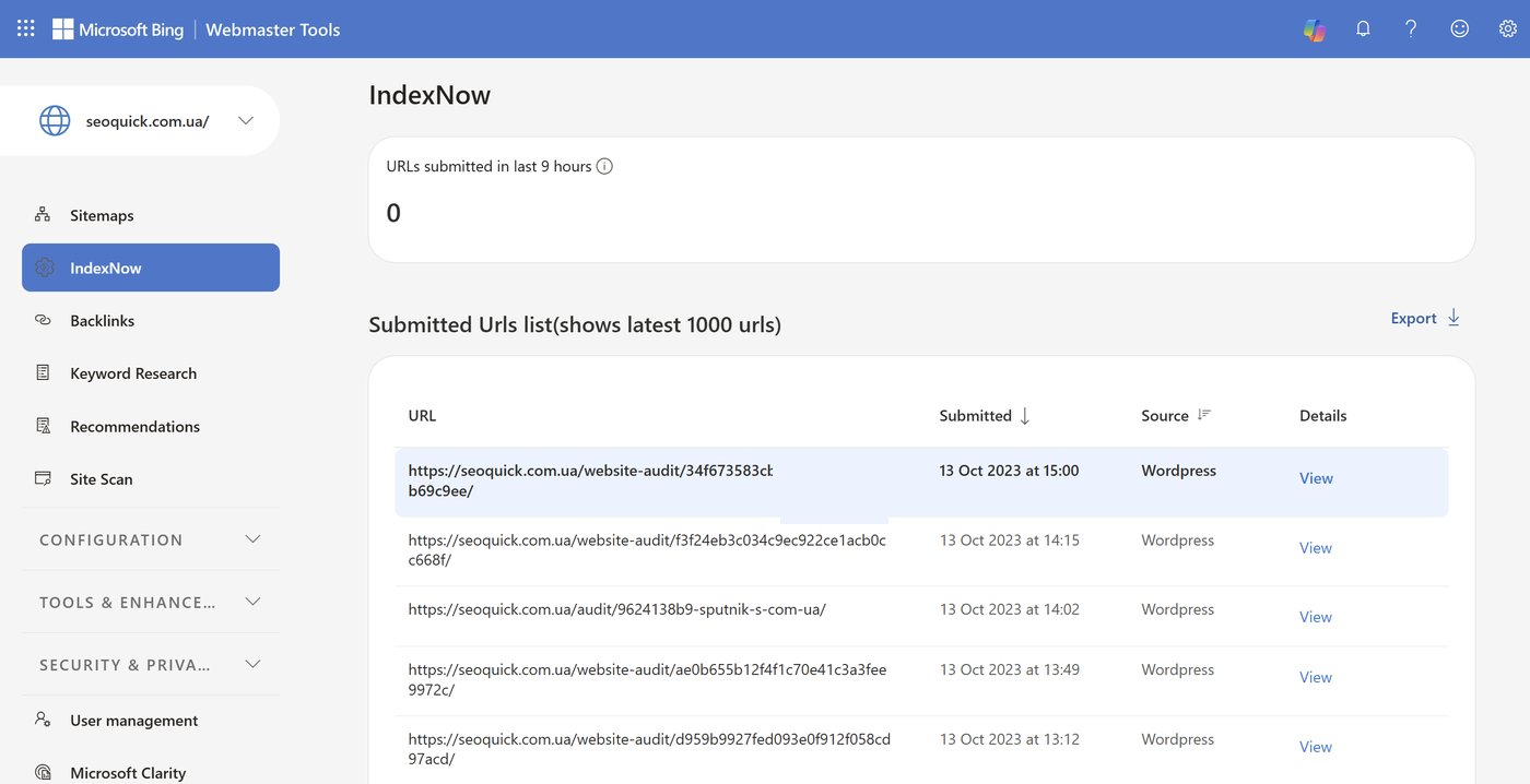 Отчёт IndexNow в Bing Webmaster Tools: счётчик отправленных URL и таблица последних сабмитов