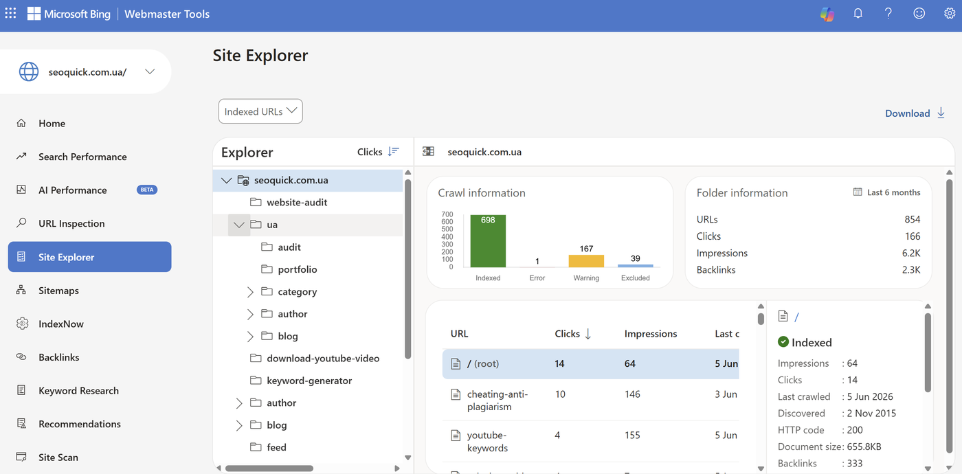 Site Explorer в Bing Webmaster Tools: дерево разделов сайта со статусами индексации и количеством URL