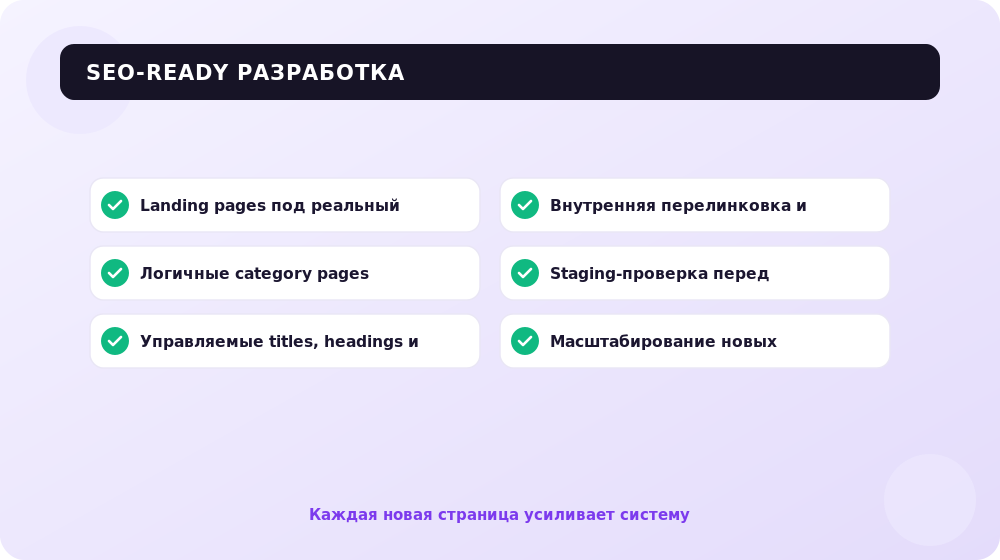 Что делает разработку SEO-ready: сайт проектируется как масштабируемая система.