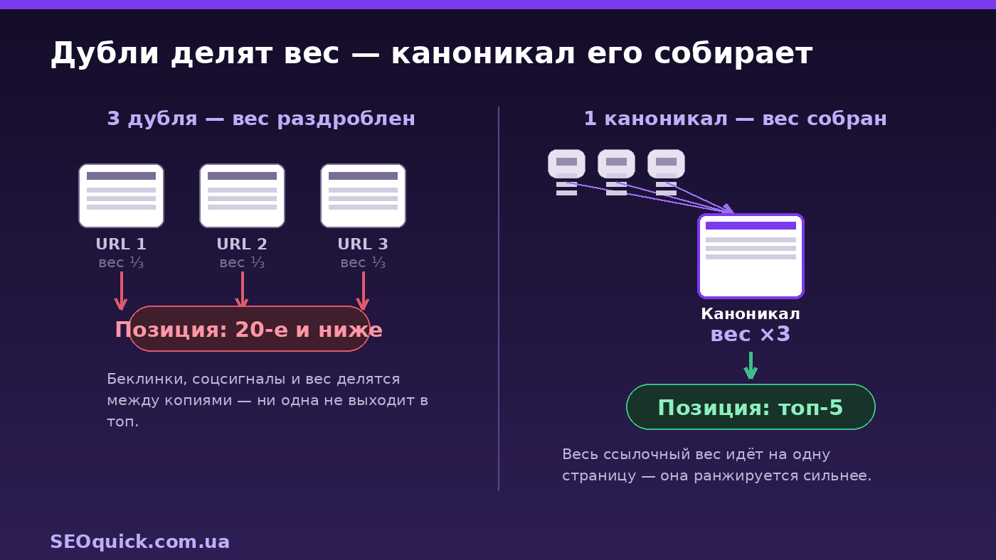 Сравнение: сигналы, размытые по трём дублям, против сигналов, собранных на одной канонической странице