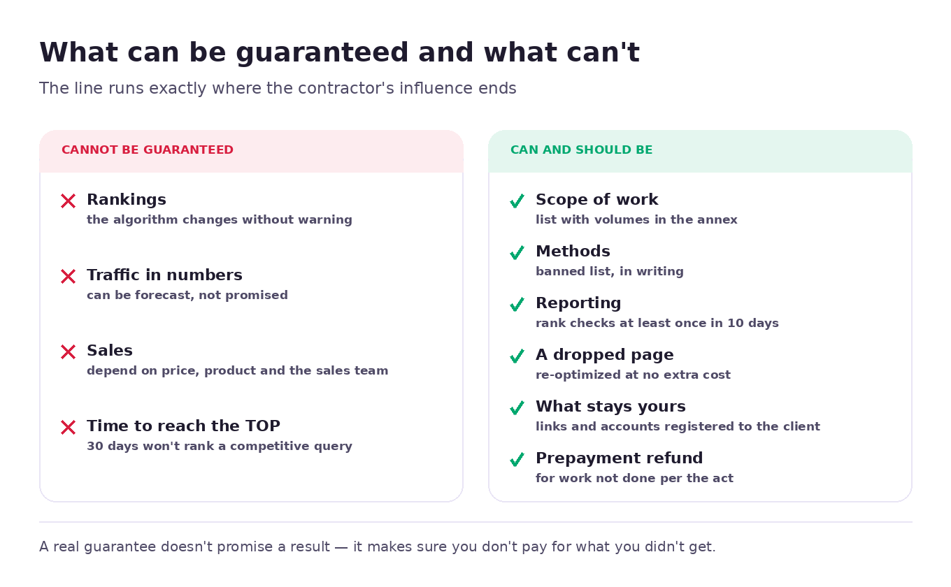 What cannot be guaranteed in SEO — rankings, traffic, sales, timeline — and what can: scope of work, methods, reporting, prepayment refund