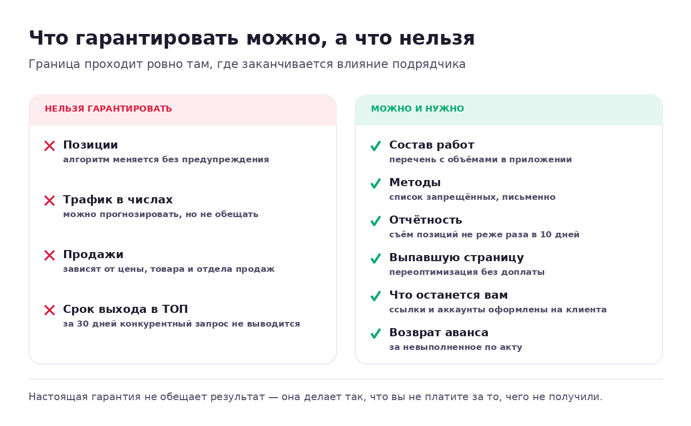 Что в SEO гарантировать нельзя — позиции, трафик, продажи, срок — и что можно: состав работ, методы, отчётность, возврат аванса