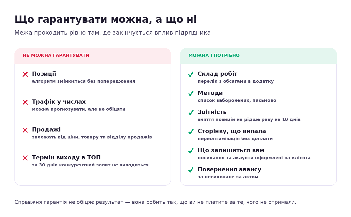 Що в SEO гарантувати не можна — позиції, трафік, продажі, строк — і що можна: склад робіт, методи, звітність, повернення авансу