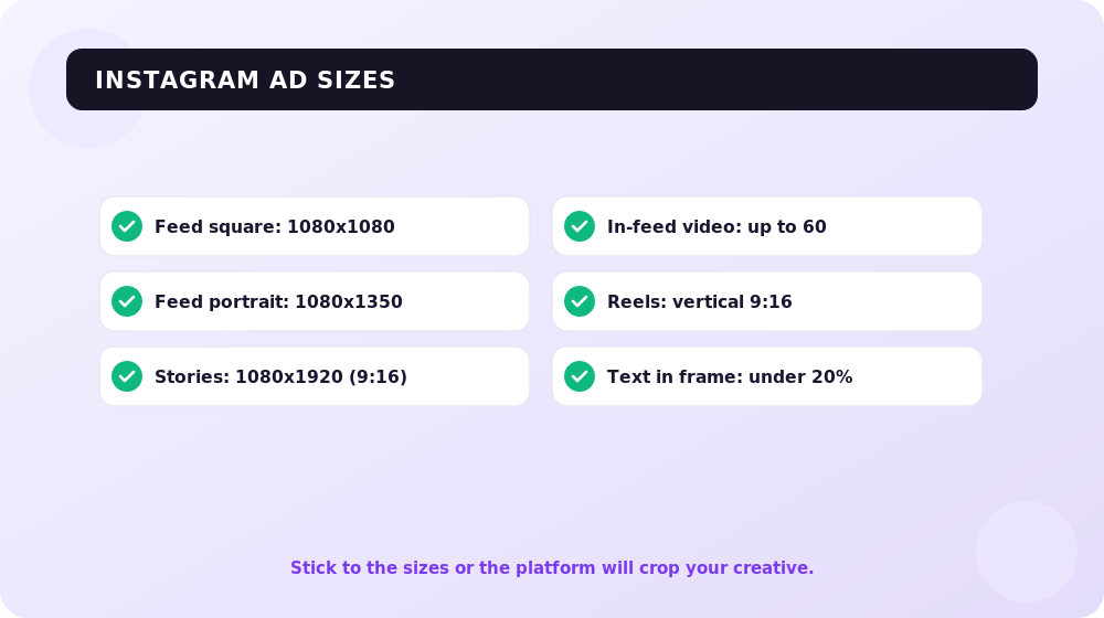 Cheat sheet for Instagram ad sizes and formats.