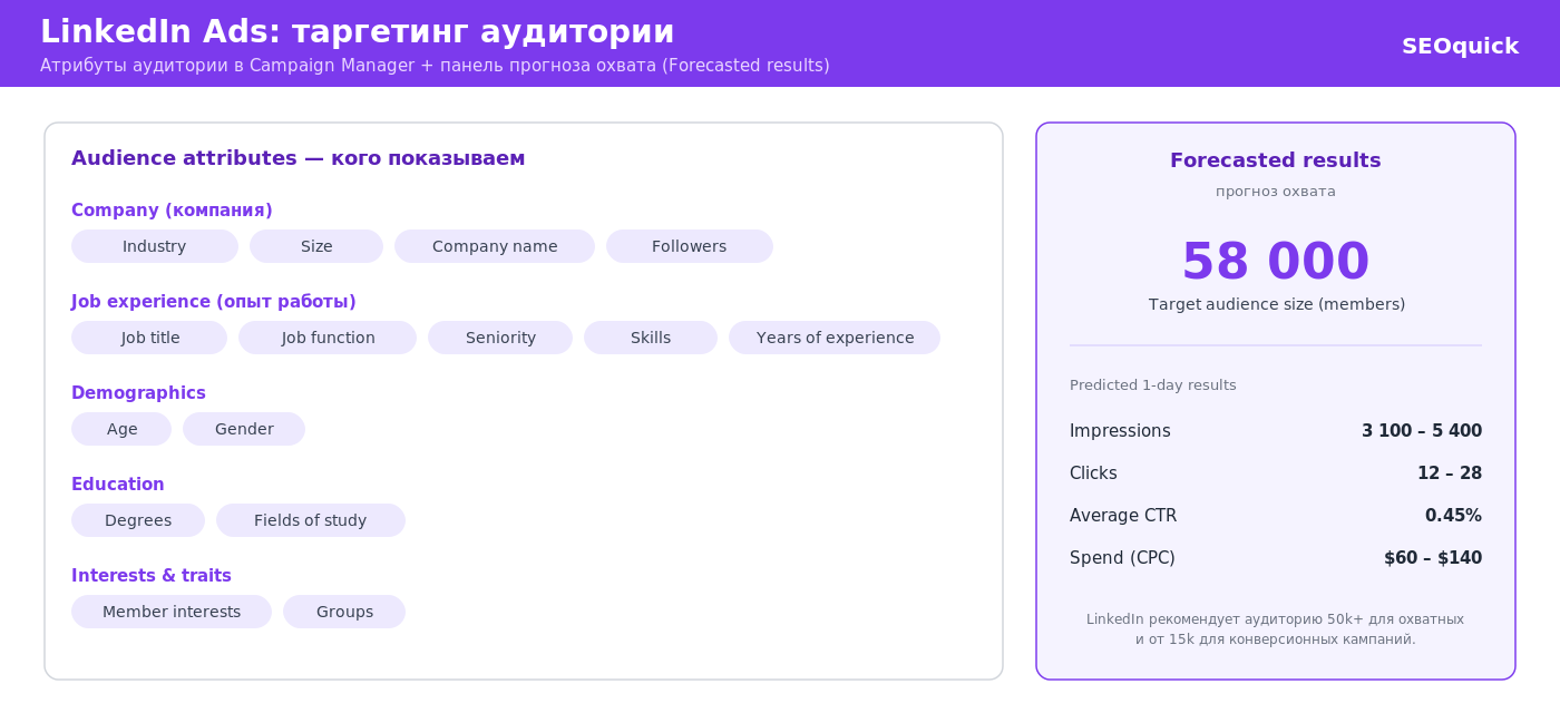 Настройка аудитории в LinkedIn: атрибуты таргетинга и панель Forecasted Results