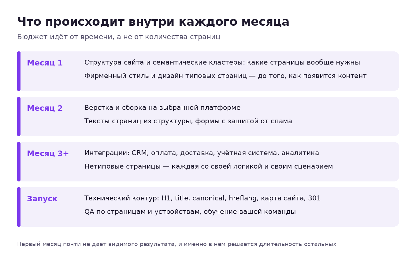 Что происходит внутри каждого месяца разработки сайта: структура и дизайн в первом, вёрстка и тексты во втором, интеграции в третьем, технический контур и QA перед запуском