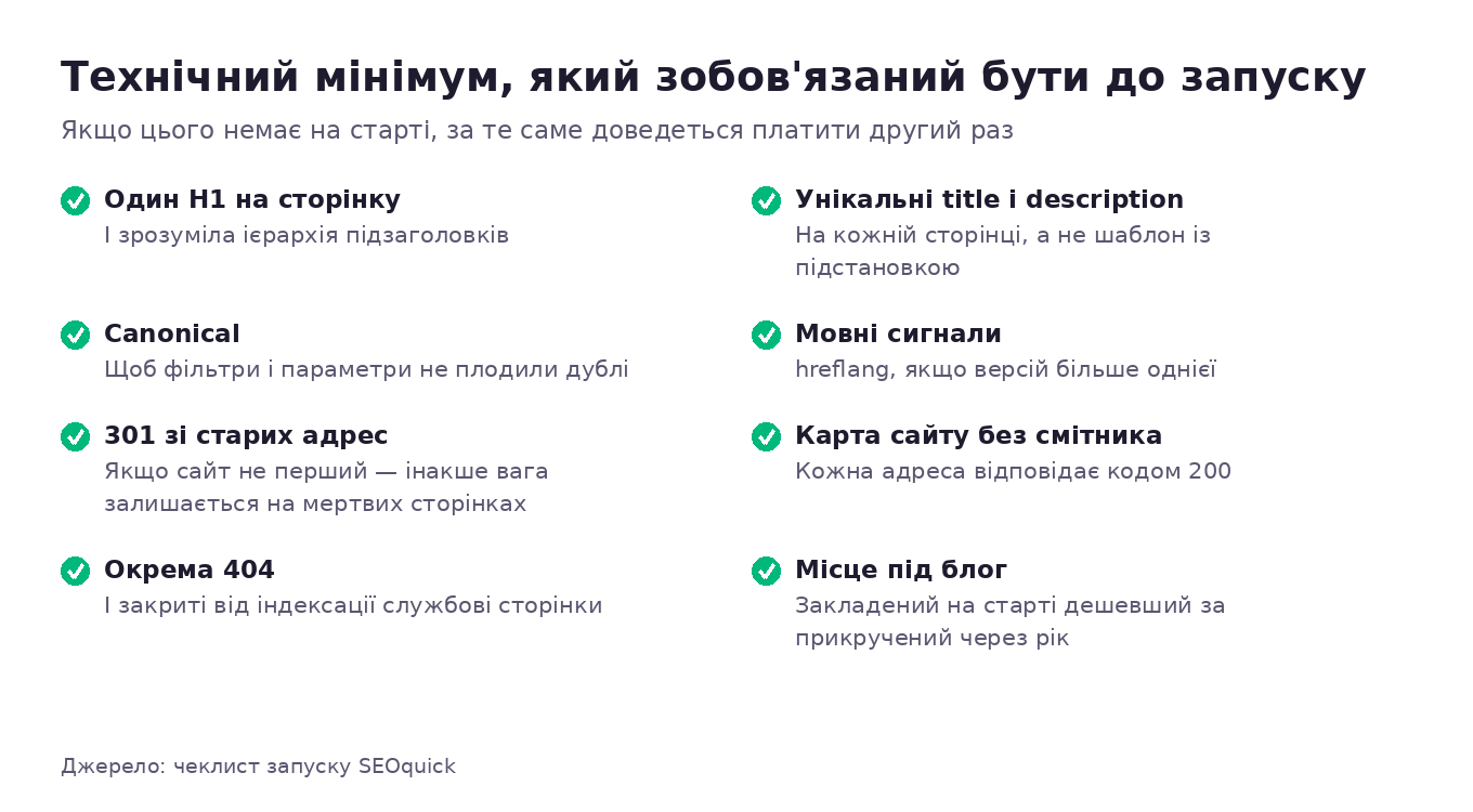 Технічний мінімум до запуску сайту: один H1, унікальні title і description, canonical, hreflang, 301 зі старих адрес, чиста карта сайту, окрема 404, місце під блог