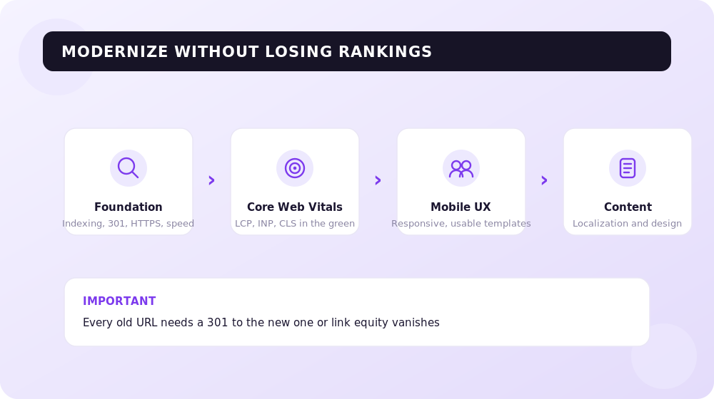A safe order to modernize an old site without losing rankings.