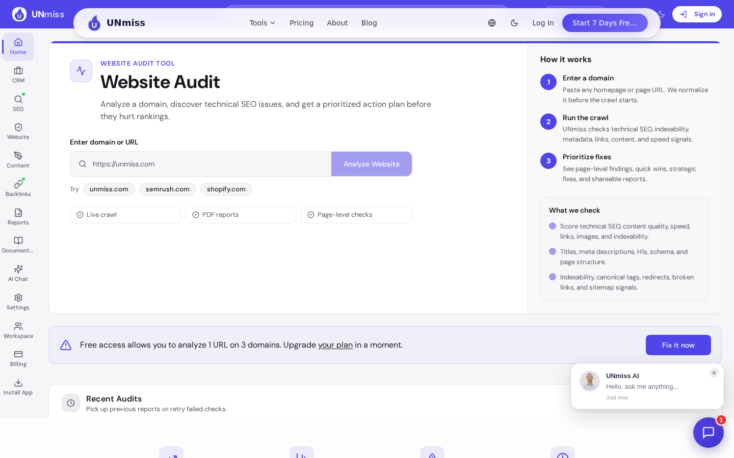 Страница инструмента Website Audit: живой инструмент, как это работает, что проверяем — и CRM в меню кабинета